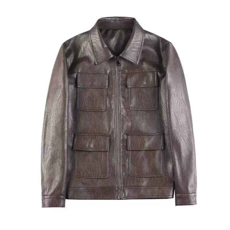 Autumn Winter High Quality Faux Leather Jacket Fashion Multi Pocket Design PU Leather Coats Man Vintage Business Slim Fit Coats