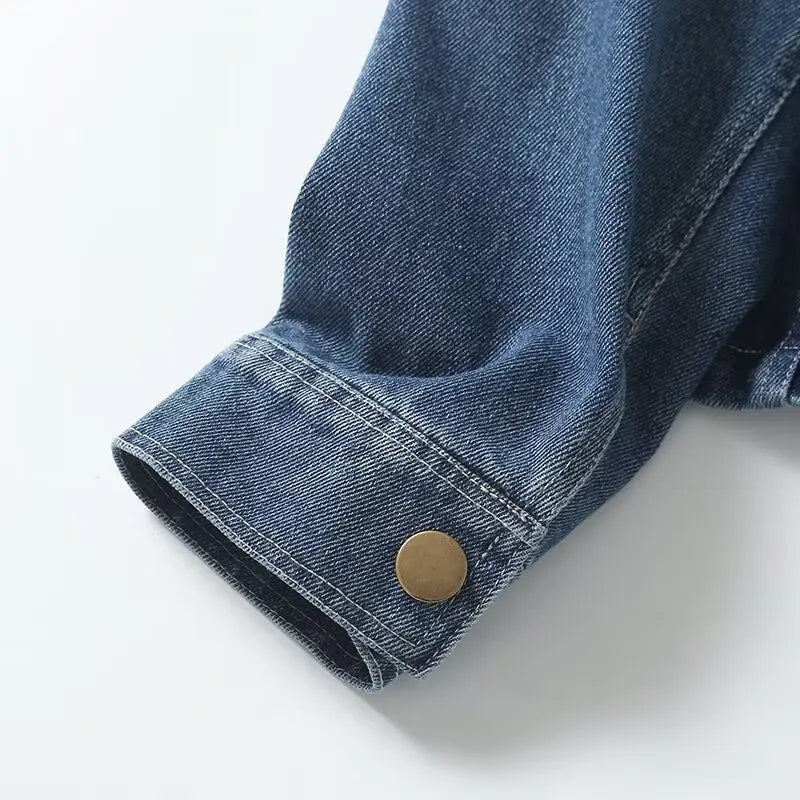Maxdutti Fashionable Women's Retro Denim Jacket Coat Women Minimalism Denim Bomber Round Neck Jacket