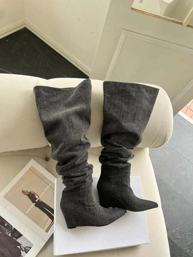 ZAROY Hot Girl Knight Long Boots Winter Stretch Denim Knee-high Boots Cozy Slip On Point Toe Wedge High Heels Sexy Long Booties