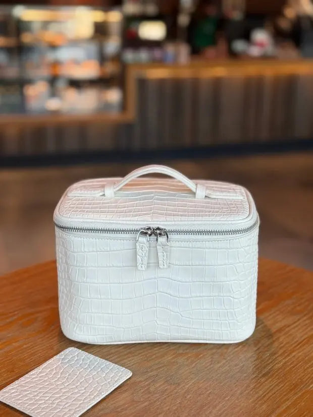 Firstgrain Cowhide Himalayan Crocodile Pattern Vanity Case Genuine Leather Square Portable Large-Capacity Hand-Held Cosmetic Bag