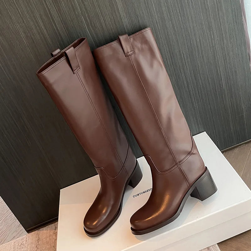 Arden Furtado Autumn Cowhide Knee High Boots Round Toe Pull-On Chunky Heels Riding Boots British Style Large Size Boots