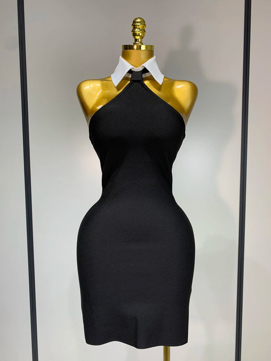 Women Sexy Backless White Shirt Collar Black Mini Bodycon Bandage Dress 2025 Elegant Evening Club Party Luxury Birthday Dresses