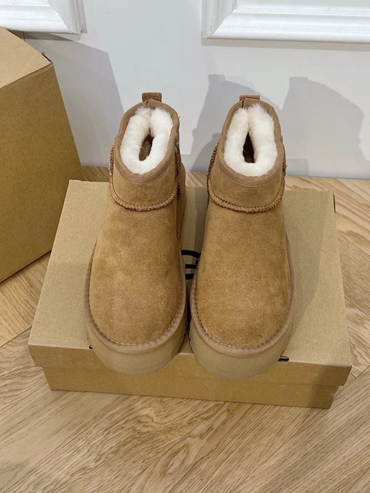 Winter Women Real Sheepskin Wool Ultra Mini Platform Snow Boots Classic Genuine Leather Natural Fur Warm Thick sole Shoes 34-42