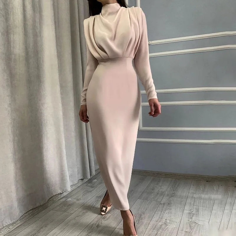 Women's Spring New Dresses with European and American Temperament, Waist Wrapped Solid Color Skirt, Long Sleeves, Round Neck