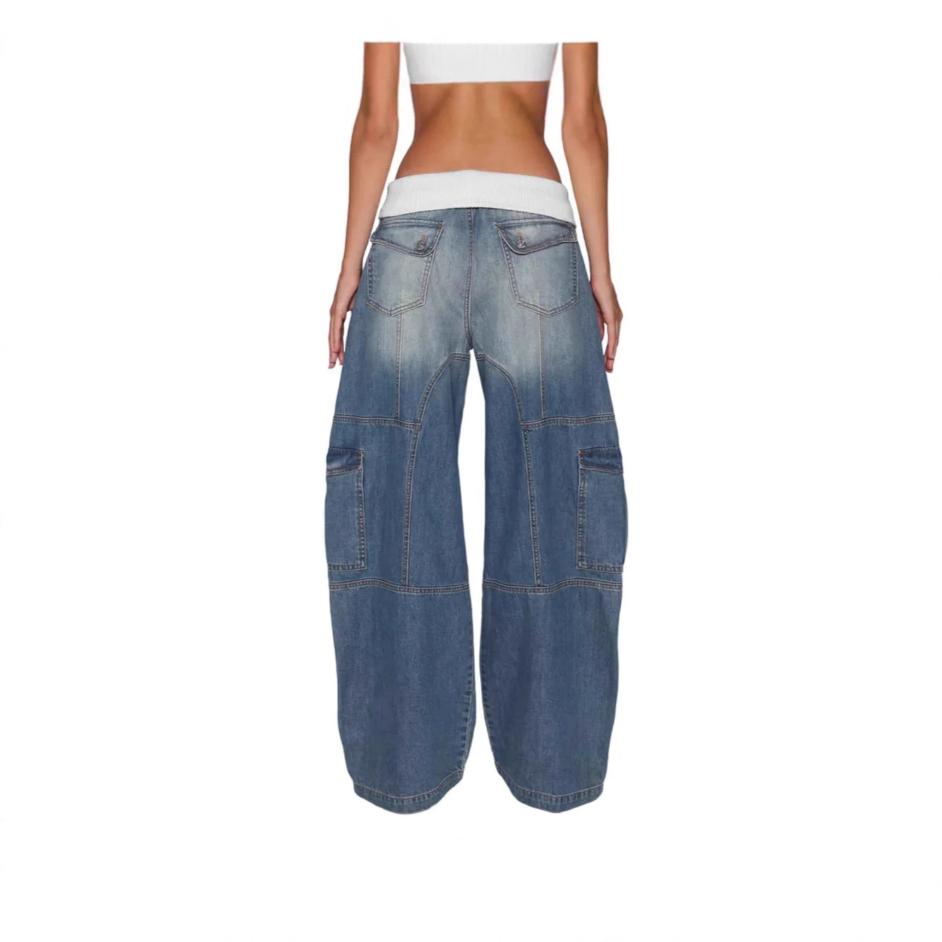 Retro Wide Leg Denim Jeans Multi Design Patchwork Cross Border D8755 Polyester Blend Comfortable Straight Cut Long Pants