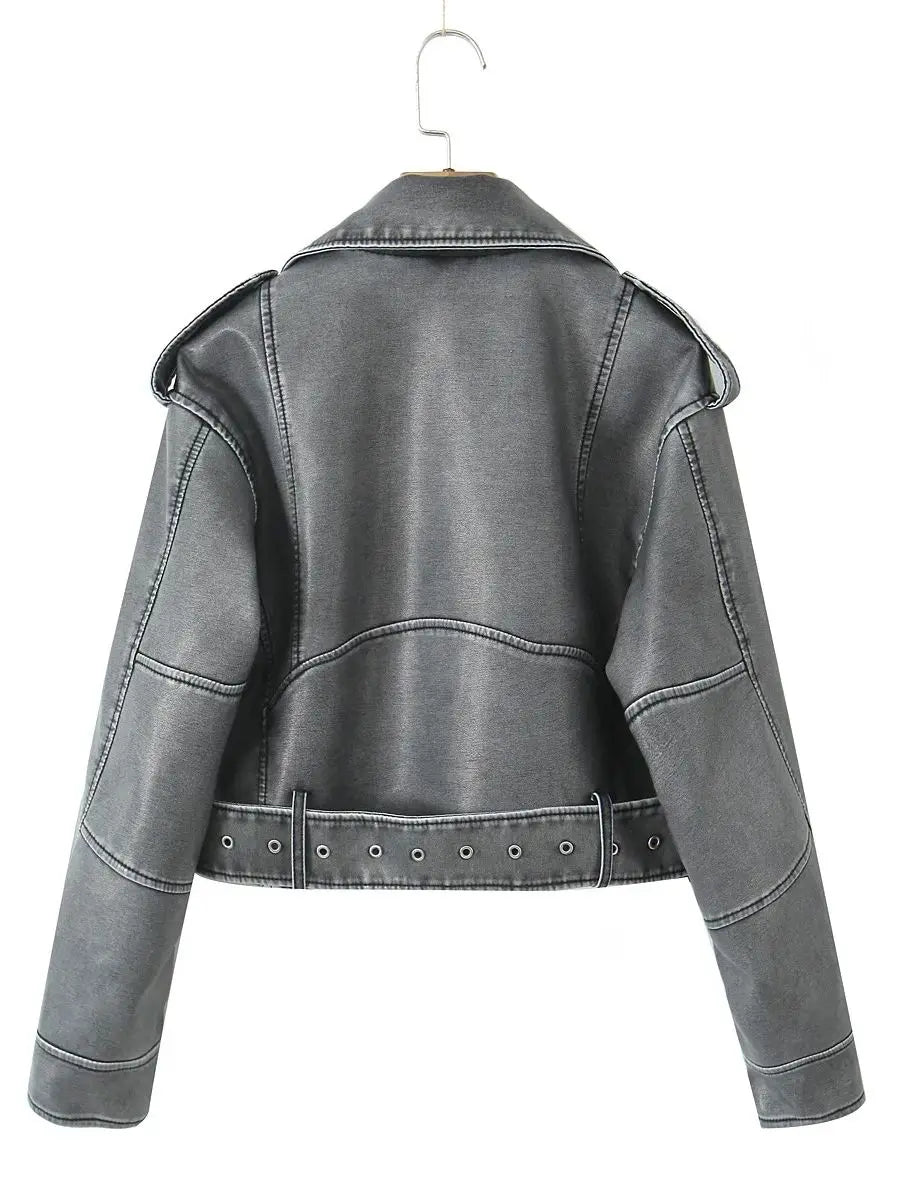 Women Autumn Winter Loose Gray PU Faux Leather Short Jackets Belt Female High Street Zipper Retro Moto Biker Coats Outwear XS-XL