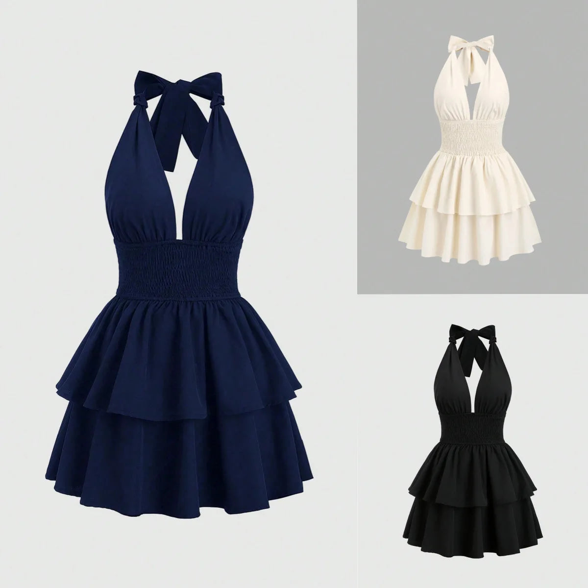 Elegant Halter Neck Mini Dress Women Sexy Deep V Neck Backless Short Dress Summer Ruched Ruffle Tiered Party Robe