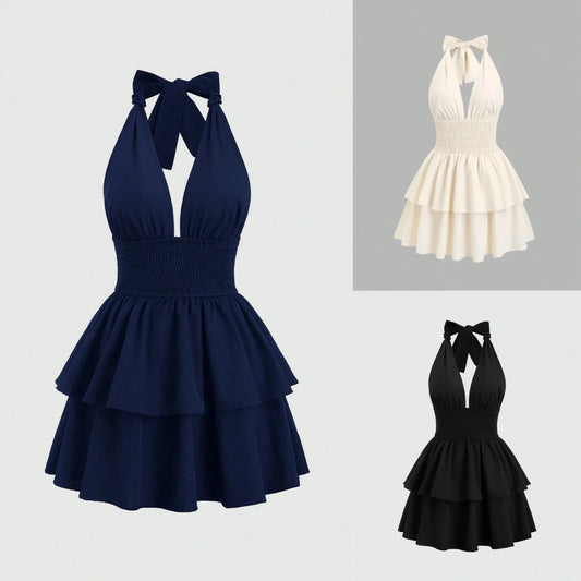 Elegant Halter Neck Mini Dress Women Sexy Deep V Neck Backless Short Dress Summer Ruched Ruffle Tiered Party Robe
