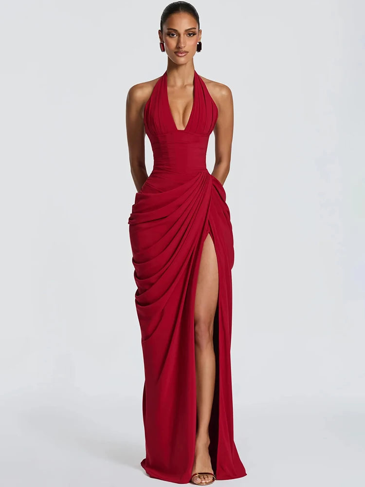 Mozision Wine Red Halter Deep V Maxi Dress Women Elegant Draped Ruched High Split Bodycon Cocktail Wedding Club Party Dresses
