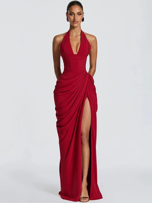 Mozision Wine Red Halter Deep V Maxi Dress Women Elegant Draped Ruched High Split Bodycon Cocktail Wedding Club Party Dresses
