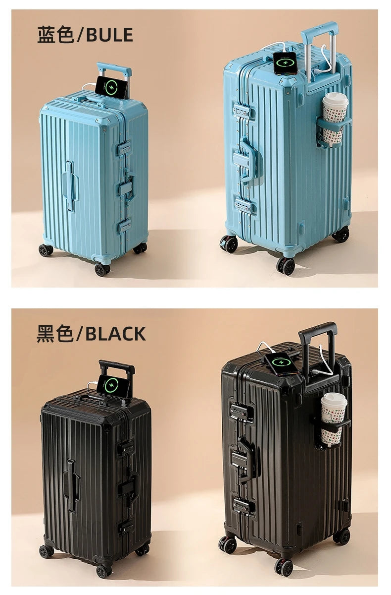 Five-wheeled Luggage 34 inch Thicken Aluminum Frame Suitcase USB Cup Holder Large Capacity TSA Lock Trolley Case Brake Wheel 24"