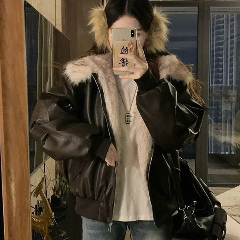 Winter Thick Warm Fleece Hooded Jacket Women Korean Fashion Loose Zipper Leather Coats Chic Full Faux Fur Lined Bomber Outerwear