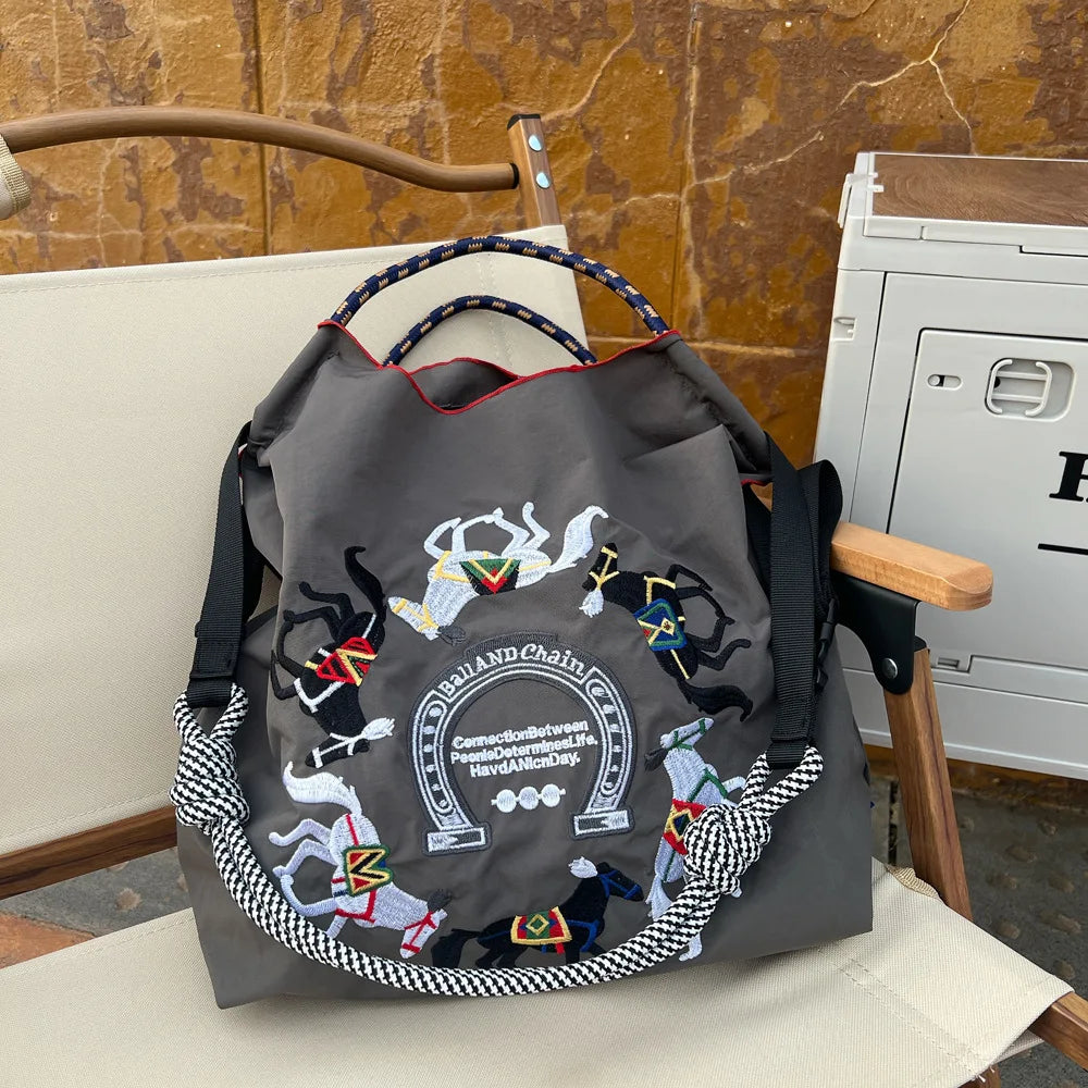 Large Medium Embroidered Shopping Bag, Casual Handheld Simple Large Capacity Shoulder Bag Shoulder Straps Included