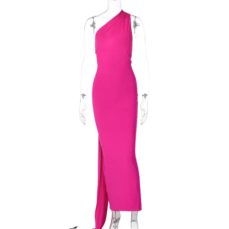 Dulzura One Shoulder Backless Ruched Slim Ribbon Long Dress Women Solid Sexy Elegant Dress Evening Party Club Prom Summer Outfit