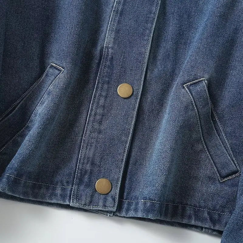 Maxdutti Fashionable Women's Retro Denim Jacket Coat Women Minimalism Denim Bomber Round Neck Jacket