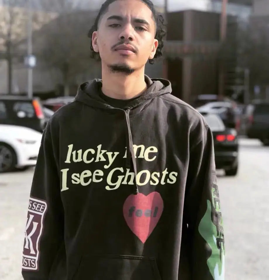 Harajuku Weirdo Graffiti Letter Printed Hoodies Men 2025 Lucky Me I See Ghosts Mens Hooded Sweatshirt Fleece Pullover Streetwear