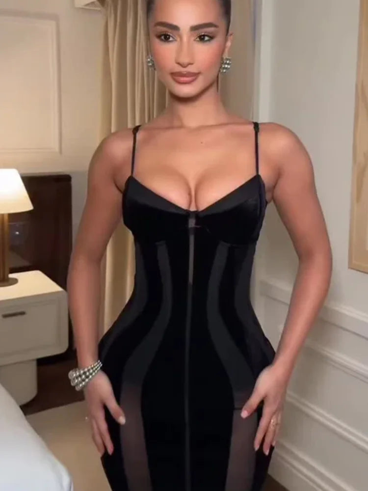 Women Black Velvet Sheer Maxi Dress Sexy Chic Mesh Patchwork Off-shoulder Waist Cinching Slim Maxi Dresses 2026 Club Party Gowns