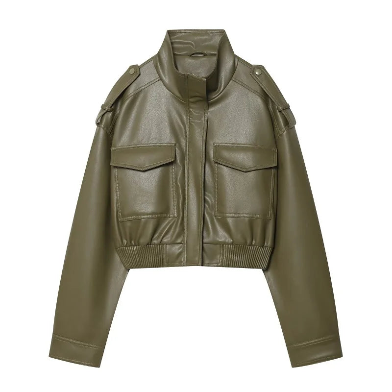MUJER Faux Leather Cropped Jacket Women Bomber Demi-season Jackets for Women Long Sleeve Women's Coats Zip Overcoat Jacket Women