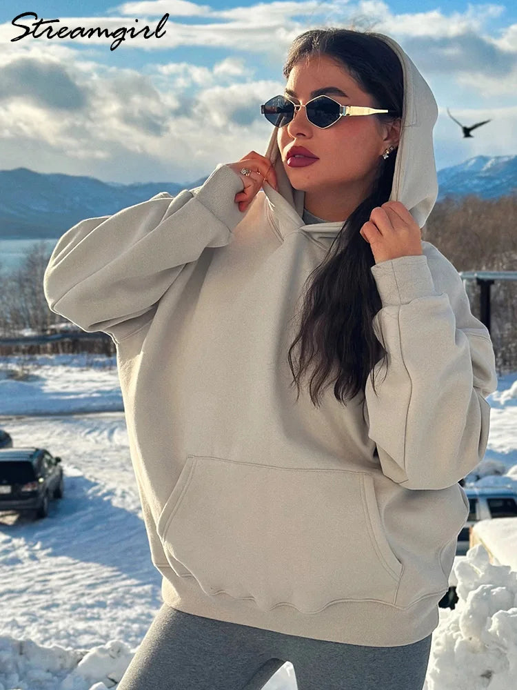 Winter Warm Hoodies Oversized For Women With Fleece Inside Yellow Thick Sweatshirts With Hooded Women Pink Hoodies Velvet Winter