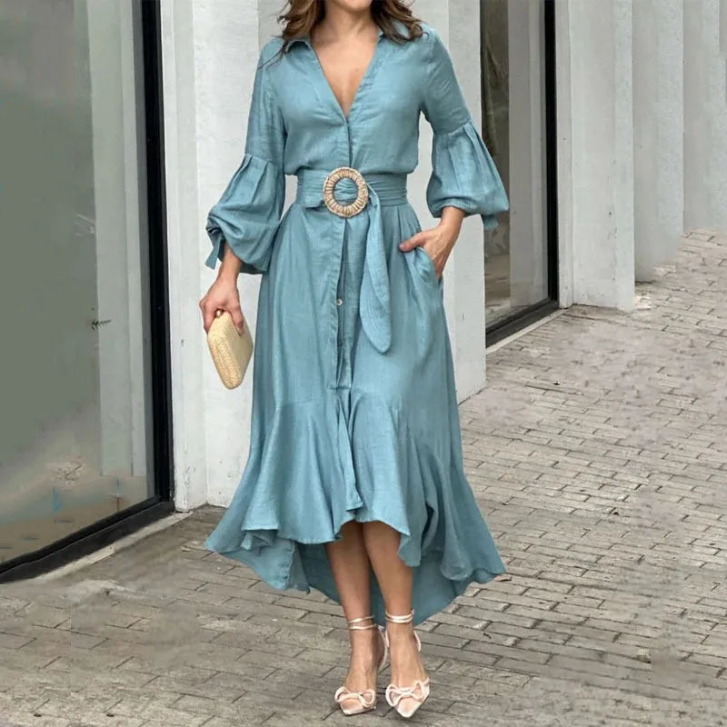 Elegant Dresses for Women Fashion Solid Lantern Sleeve Ruffle Hem Pocket Design Belt Maxi Dress Office Ladies Temperament Dress