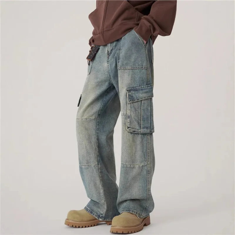 2025 Autumn Winter  Men's Jeans Vintage Vibe Denim Pants Multi Pocket Cargo Patchwork Wide Leg Straight Leg Versatile Trousers