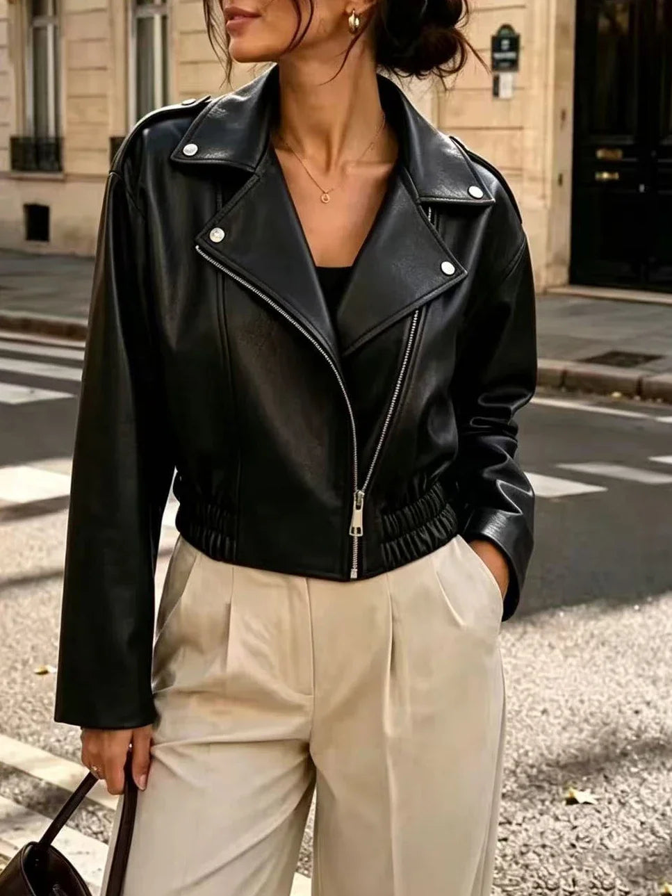 Women Cropped Faux Leather Moto Jacket Long Sleeve Oblique Zipper Biker Coat