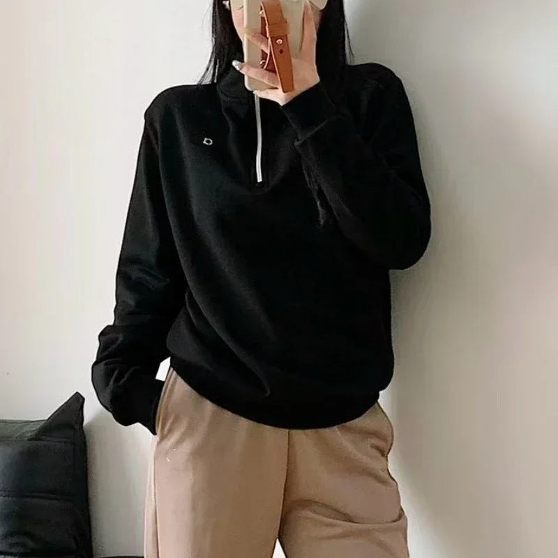 Korean Cotton Loose Fit Sports Pullover Fashion Stand Collar Half-zip Sweatshirt Classic Versatile Autumn Long Sleeves Hoodies