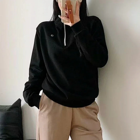 Korean Cotton Loose Fit Sports Pullover Fashion Stand Collar Half-zip Sweatshirt Classic Versatile Autumn Long Sleeves Hoodies
