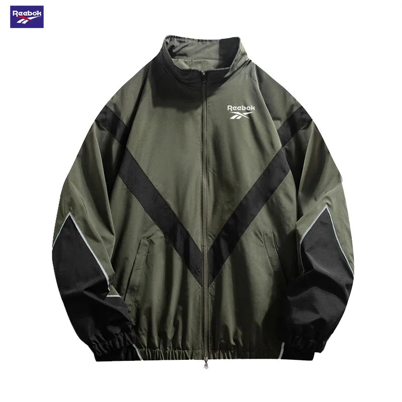 2025 Reebok New Men's Fall Jacket with Reflective Patch Stand Collar, Windproof Sporty Casual Jacket for Autumn and Spring