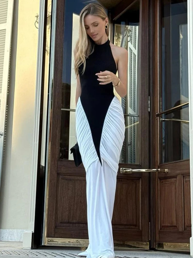 Nibber Backless Folds Maxi Dress Women Black White Patchwork Peach Butt Halter Slit Summer Trend Temperament Clubwear Vestidos