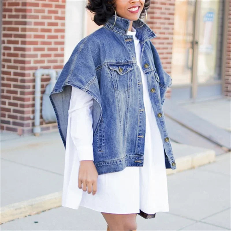 Fashion Shawl Sleeveless Denim Jacket Women Outerwear Female Vintage Lapel Single-breasted Cardigan Coat Casual Trend Streetwear