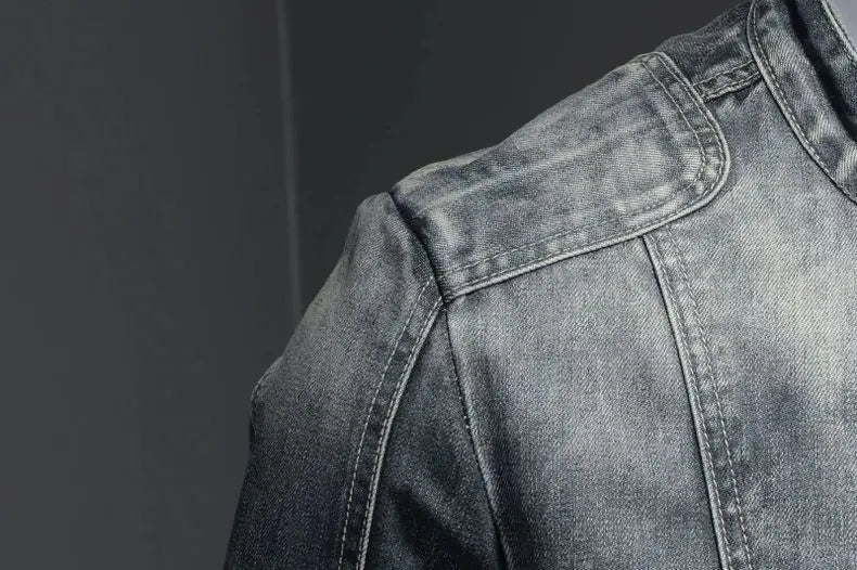 Men's Retro Denim Jacket Casual Oversized Stand Up Collar Zippered Jacket Cycling Motorcycle Coat Trend Loose Fit Top