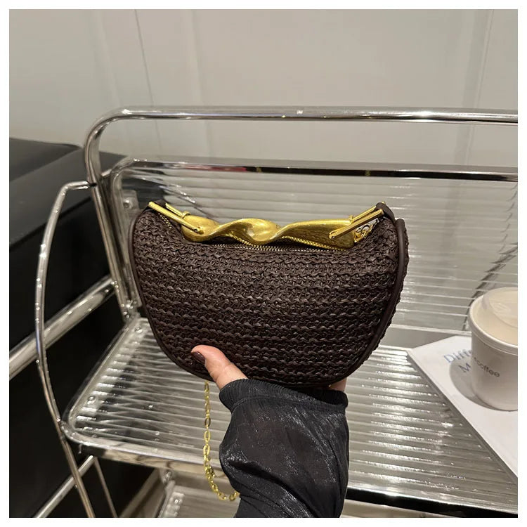 Luxury Metal Handle Clutch Bag Women Exquisite Handmade Rattan Woven crossbody Bag Half-moon Beach Bags Roomy Straw Tote Bag