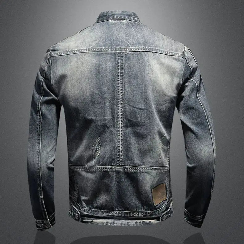 Men's Retro Denim Jacket Casual Oversized Stand Up Collar Zippered Jacket Cycling Motorcycle Coat Trend Loose Fit Top
