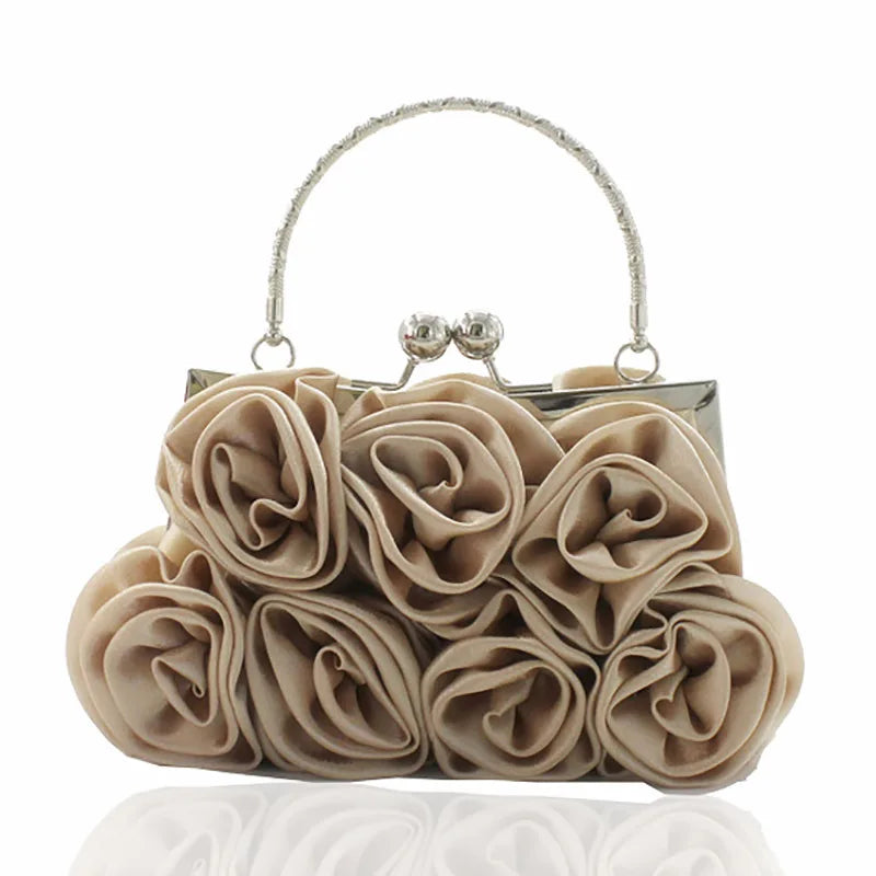 Satin Flower Clutch Bags For Women Banquet Party Evening Bags Metal Handbags Retro Blue Silver Black Chain Shoulder Bag female