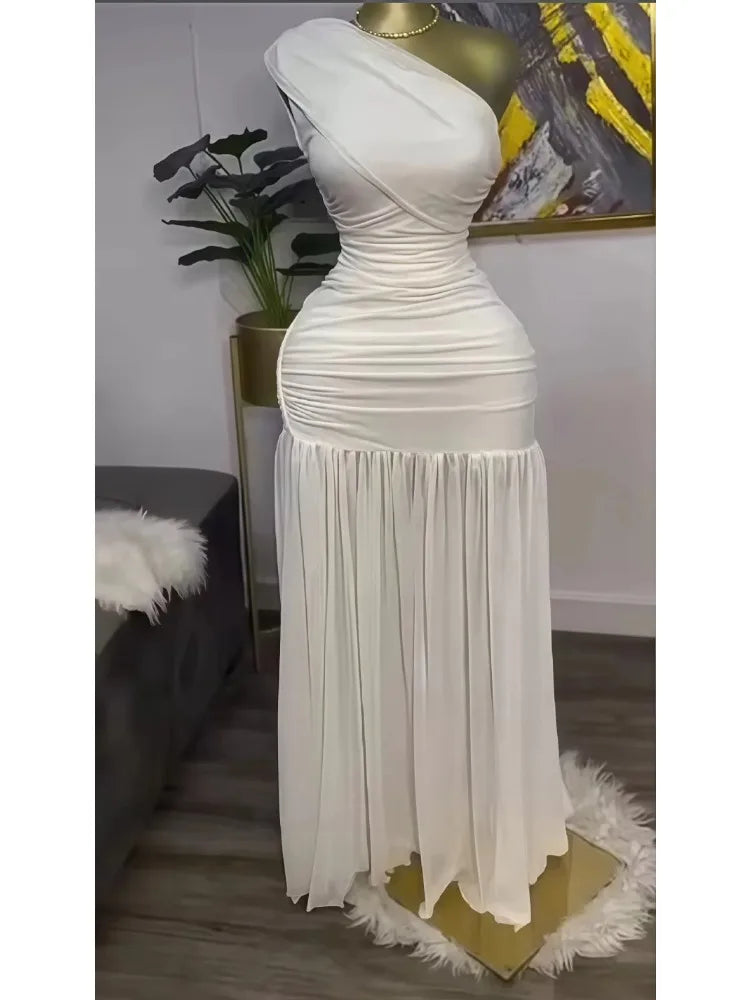 Women One Shoulder Skew Neck High Split Pleated Hem Bodycon Long Maxi Dress 2025 Evening Sexy Club Party Dresses Vestido
