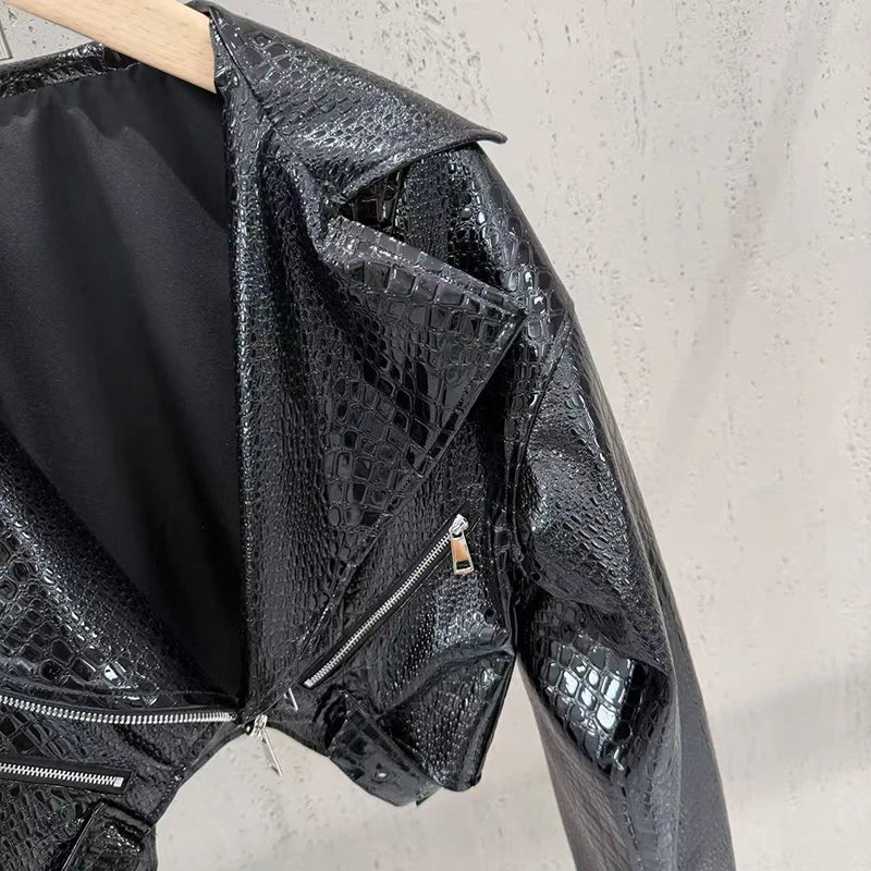 KUCLUT 2026 Autumn New Fashion Shiny Pattern PU Leather Motorcycle Style Short Jacket For Women Suit Collar Zipper Coat 1A4441