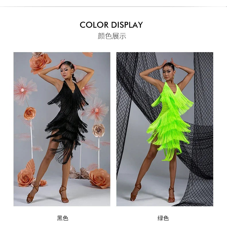 Women Backless Fringe Sexy Black Dress Cha Cha Rumba Samba Tango Dance Costume Prom Wear Latin Dance Copetition Dress