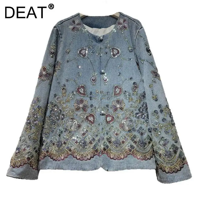 DEAT Women's Denim Coat Luxury Colorful Sequins O-neck Embroidery Single Breasted Jackets 2026 Autumn New Fashion 29A8728