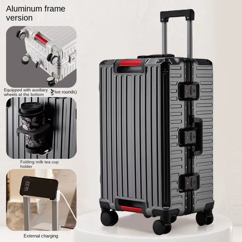 Five-wheel Aluminum Frame Suitcase 30 inch Multifunctional Cabin Password Trolley Case Luggage with USB Cup Holder Suitcases