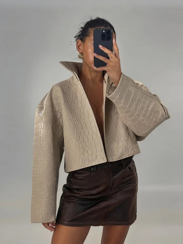 Crocodile Pattern Embossed Short Women Leather Jacket Stand Collar Zipper Long Sleeved Cropped Jackets 2026 Street Daily Outfit