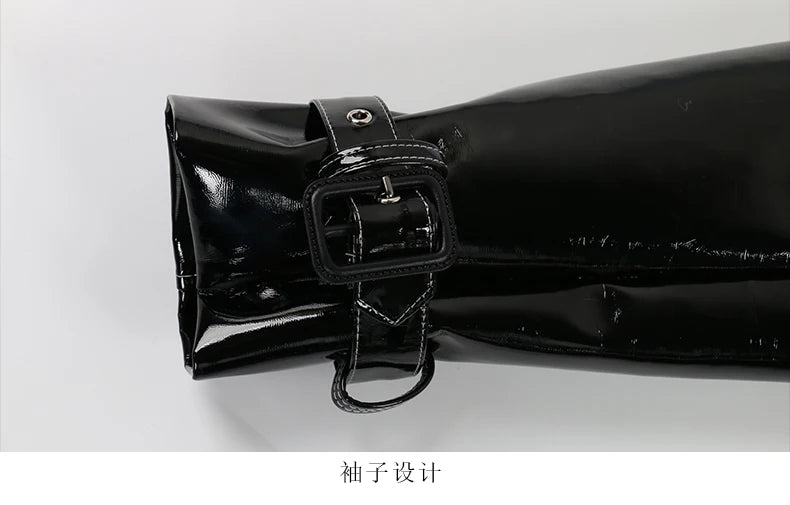 Nerazzurri Autumn Long Shiny Black Red Patent Pu Leather Trench Coat for Women Belt Double Breasted Luxury Designer Clothes 2023