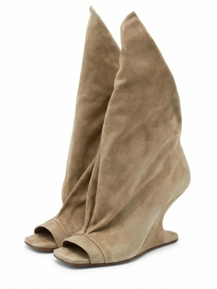 Runway Style Women Peep Toe Tall Boots Sculptural Wedge Heel Draped Pleated Upper Trendy Evening Statement Fashion Footwear