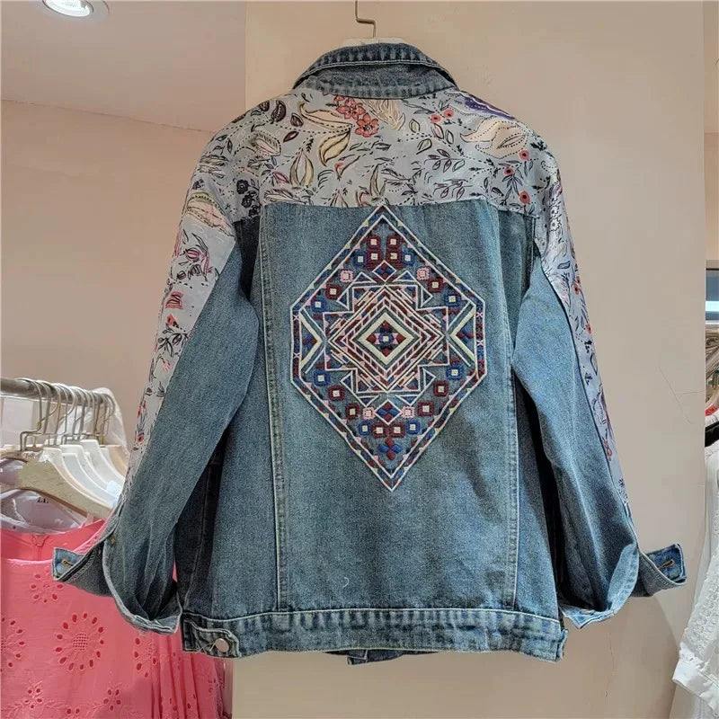 European and American style heavy industry embroidery splicing denim jacket 2025 new print loose casual denim women's jacket top
