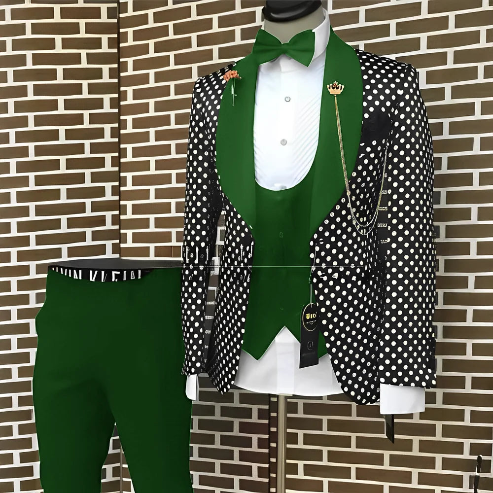 Spotted Men's Suit 3 Piece Set Wedding Groom Tuxedo Custom Slim Fit Blazer Pants Vest Men's Elegant Suit