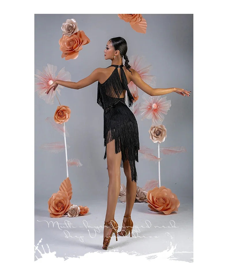Women Backless Fringe Sexy Black Dress Cha Cha Rumba Samba Tango Dance Costume Prom Wear Latin Dance Copetition Dress