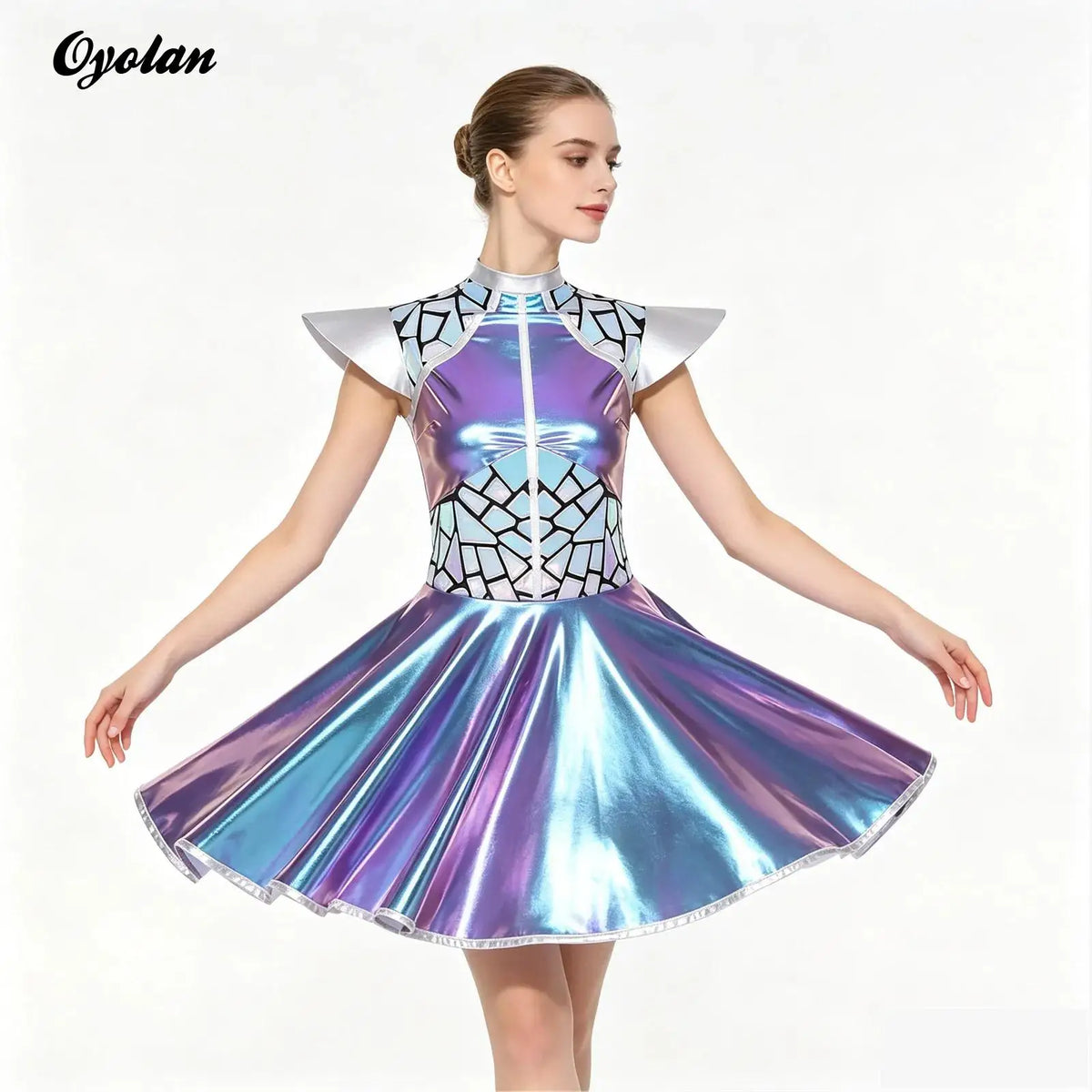 Womens Astronaut Alien Outer Space Alien Robot Cosplay Dress Halloween Cutie Costume Sequin Metallic Shiny A-line Mini Dresses