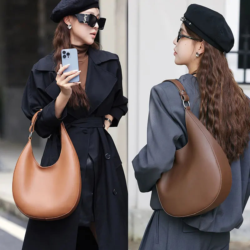 Genuine Leather Women Tote Bags Fashion Luxury Designer Women's Shoulder Bag Quality Cowhide Large Capacity Half Moon Handbags