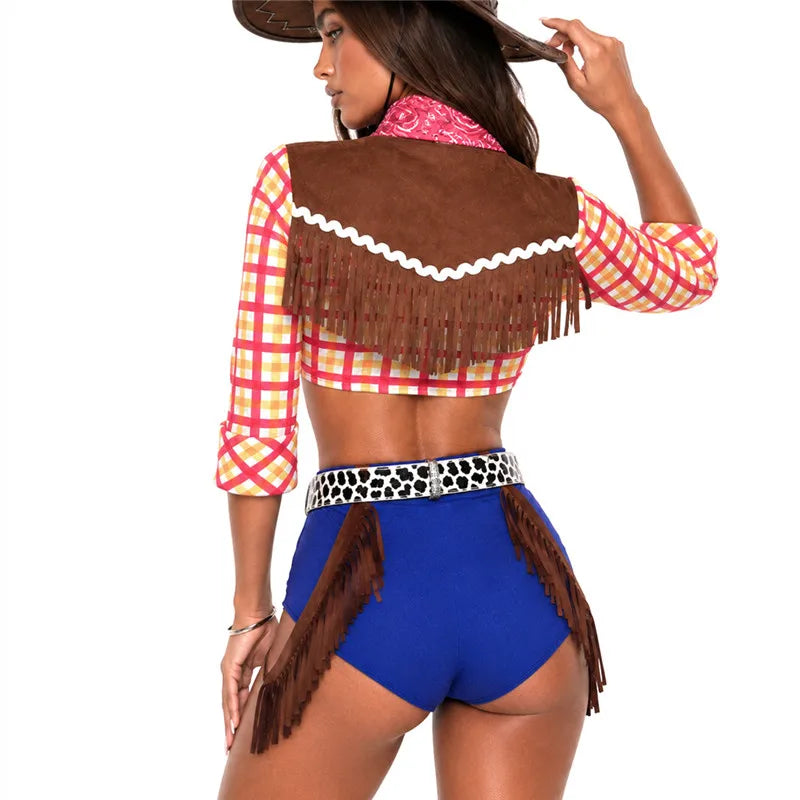 Halloween Women Cowgirl Cosplay Costume Retro Western Plaid Fringe Decor Crop Top Shorts With Bandana Belt Club Party Outfit