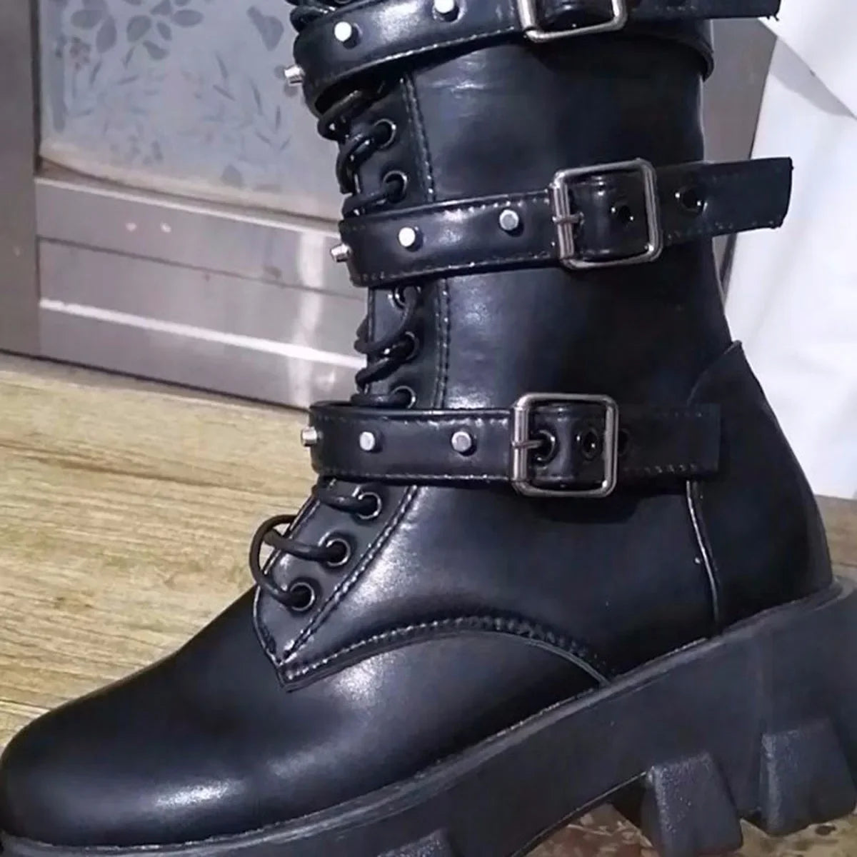 Woman Boots 2023 Winter New Pu Leather Platform Fashion Lace Up Punk Gothic Booties Casual Work Shoes botines mujer